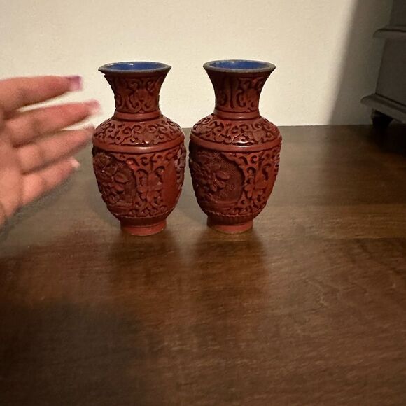 Chinese Cinnabar Pair Of Flower Landscape Vase - Picture 4 of 7